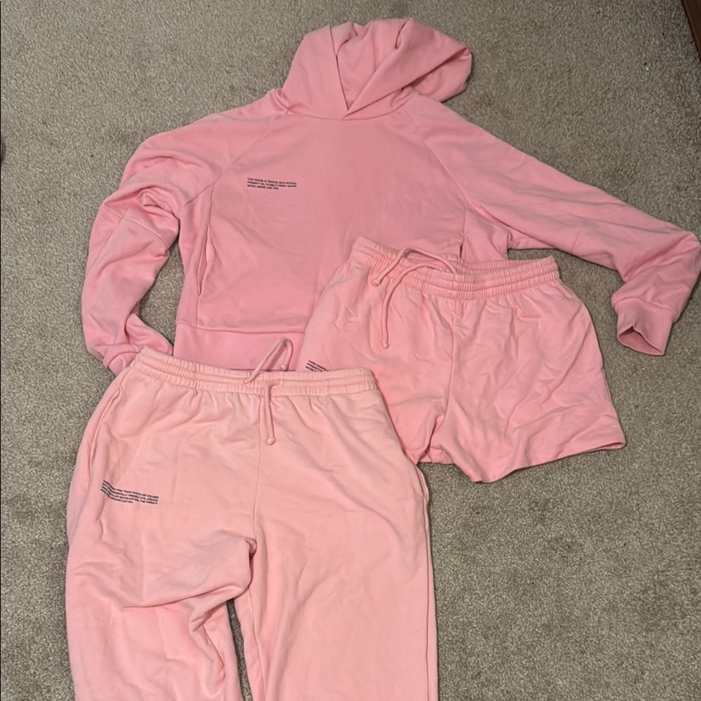 Pangaia sweatshirt, sweatshorts, and straight leg sweatpants